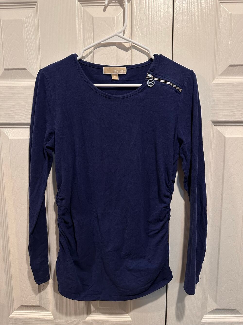 MICHAEL Michael Kors Womens Navy Blue Ruched Side Zipper Long Sleeve Top Sz M